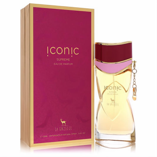 Luxurious Le Gazelle Iconic Supreme 3.4 oz women's EDP. Curvaceous magenta and gold bottle with charm, beside elegant box.