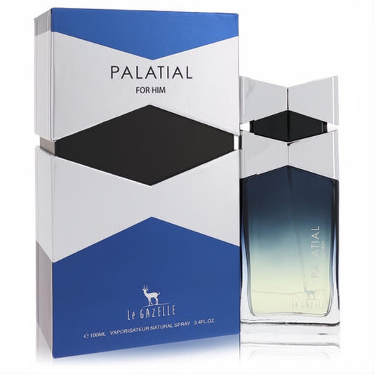 Le Gazelle Palatial 3.4 oz men's EDP. Sleek blue-to-clear glass bottle with silver cap, alongside its bold geometric blue and white box.