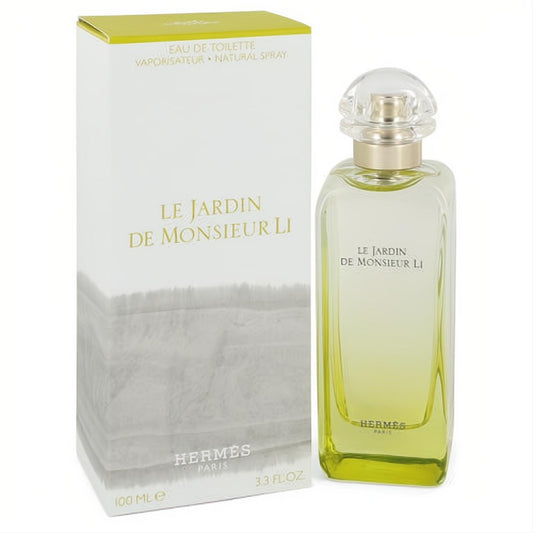 Unisex Hermes Le Jardin De Monsieur Li 3.3 oz EDT. Elegant white box, vibrant lime green glass bottle with gold accents.