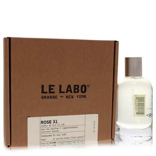 Le Labo Rose 31 unisex Eau De Parfum spray, 3.4 oz. Elegant clear glass bottle with silver cap and signature brown box.