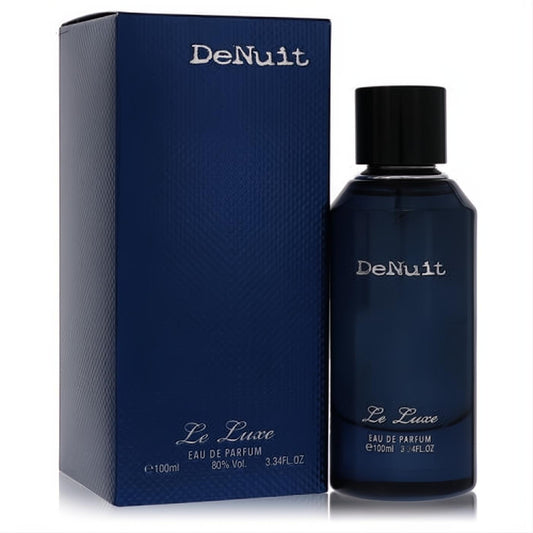 Elegant Le Luxe De Nuit 3.4 oz Eau De Parfum. Sleek dark blue glass bottle with black cap and matching luxurious box.