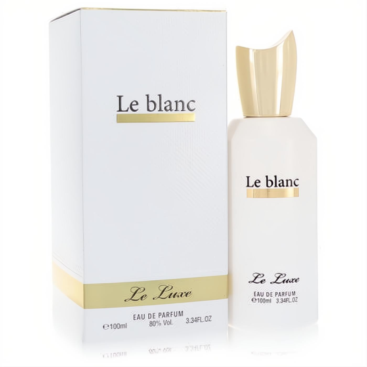 Luxurious Le Luxe Le blanc women's 3.4 oz Eau De Parfum. White bottle, sculpted gold cap, elegant white and gold box.