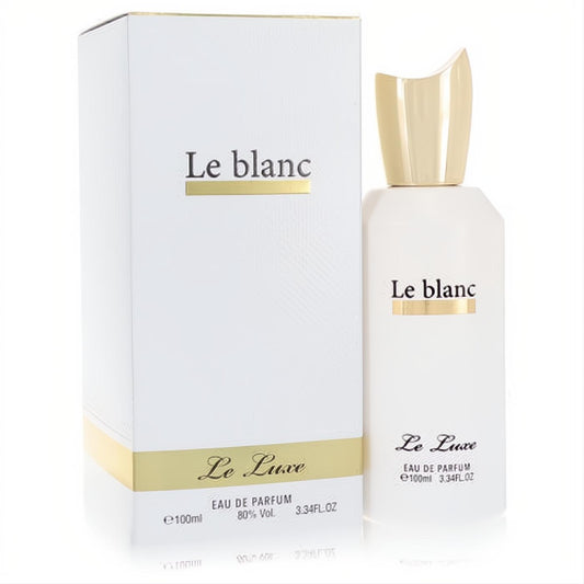 Luxurious Le Luxe Le blanc women's 3.4 oz Eau De Parfum. White bottle, sculpted gold cap, elegant white and gold box.