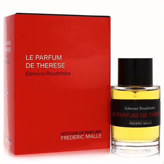 Le Parfum De Therese Frederic Malle unisex fragrance. Elegant clear bottle with golden liquid, black cap, and striking red box.