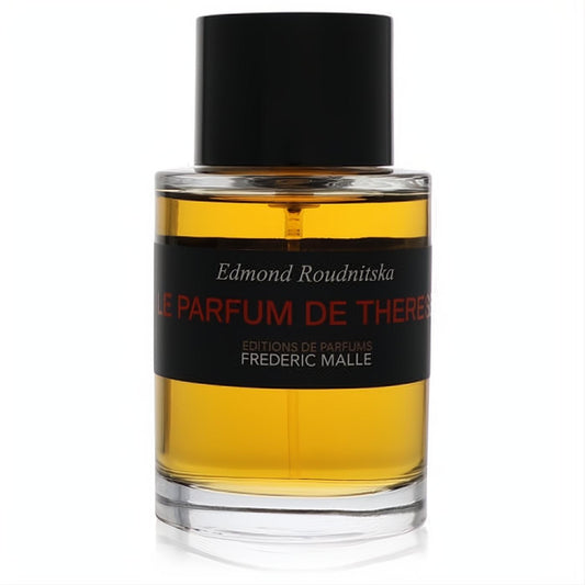Exquisite Le Parfum De Therese Frederic Malle fragrance bottle. Clear glass showcases golden liquid, topped with a sleek black cap and bold black label.