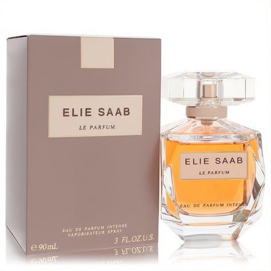 Elie Saab Le Parfum Intense 3 oz women's fragrance. Dazzling faceted glass bottle with radiant amber liquid, paired with a chic taupe box.