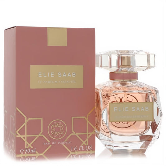 Elie Saab Le Parfum Essentiel 1.6 oz EDP. Luxurious rose gold box & elegant faceted glass bottle with delicate pink fragrance.