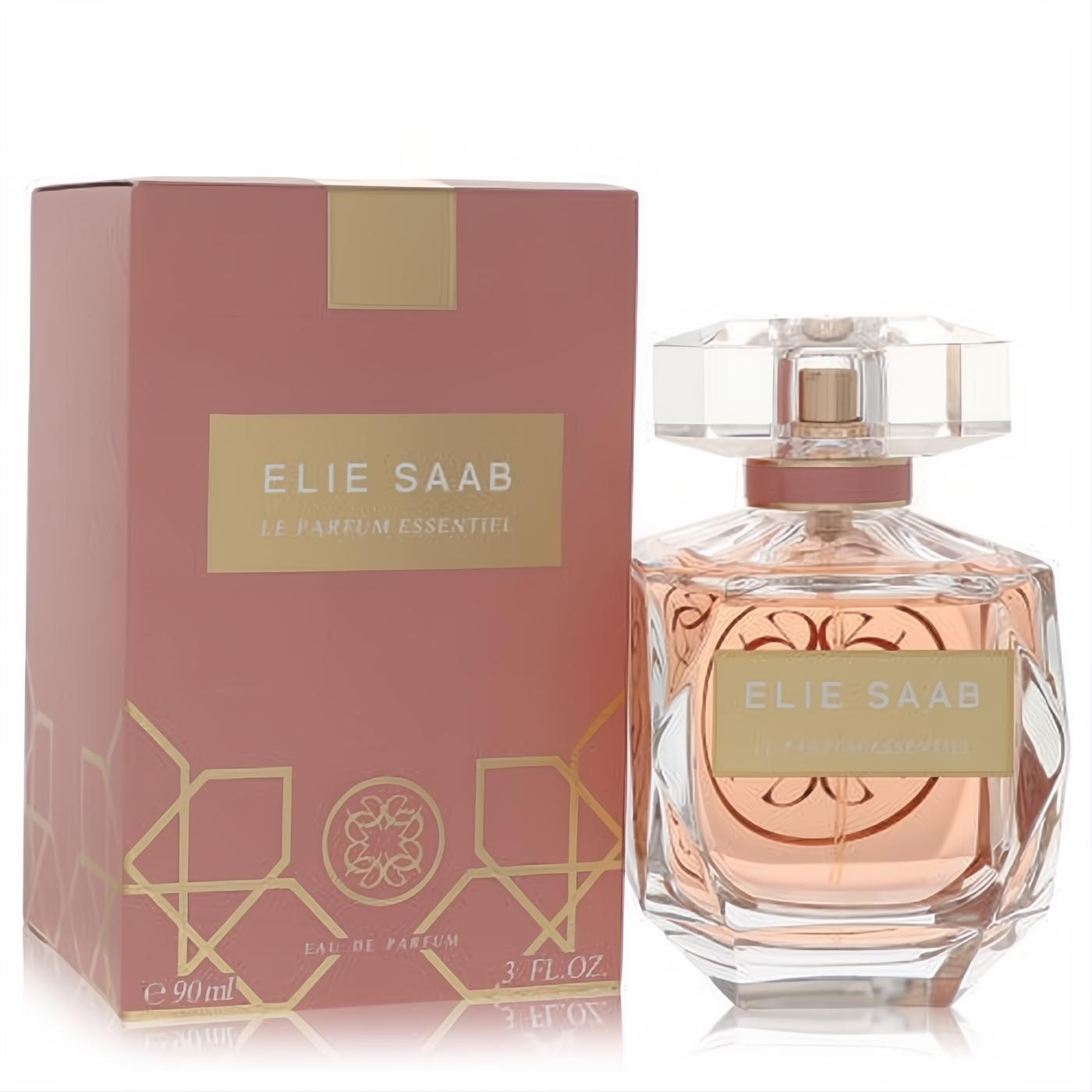 Elie Saab Le Parfum Essentiel 3 oz EDP. Delicate peach perfume in a faceted glass bottle & rose gold box.