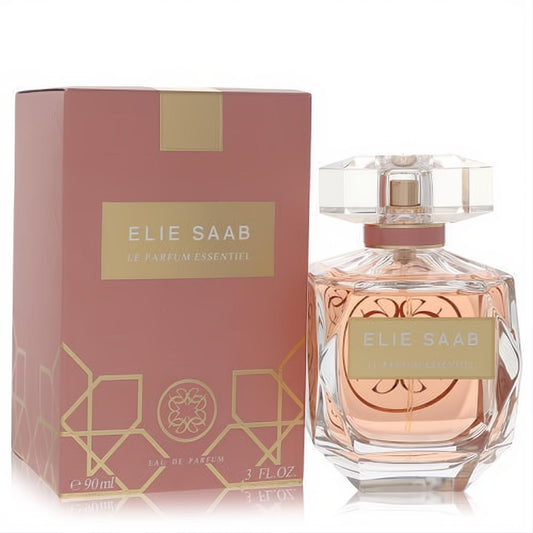 Elie Saab Le Parfum Essentiel 3 oz EDP. Delicate peach perfume in a faceted glass bottle & rose gold box.