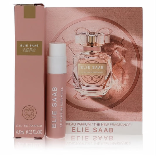 Elie Saab Le Parfum Essentiel .02 oz women's fragrance sample vial in elegant pink packaging.