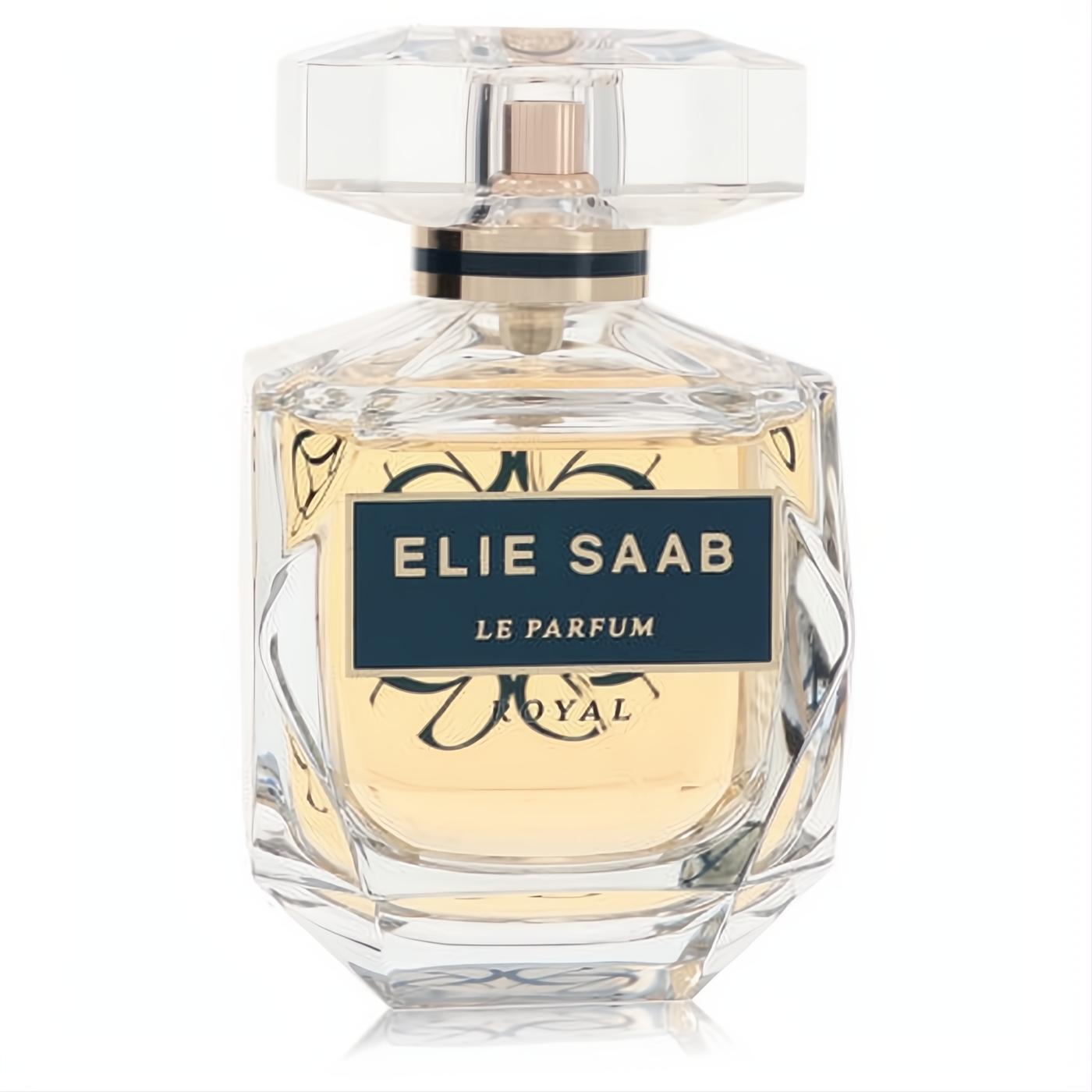 Luxurious Elie Saab Le Parfum Royal women's EDP in a radiant faceted glass bottle with a dark blue and gold label.