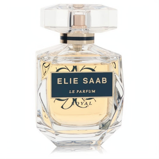 Luxurious Elie Saab Le Parfum Royal women's EDP in a radiant faceted glass bottle with a dark blue and gold label.