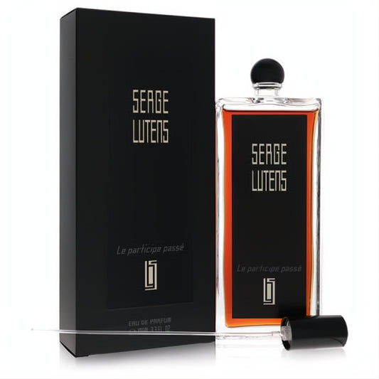 Serge Lutens Le Participe Passé 3.3 oz unisex EDP. Elegant black box, amber glass bottle, and unique applicator.