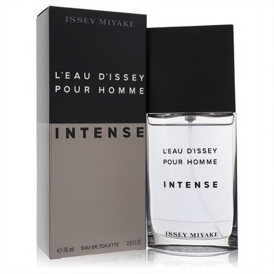 Experience L'eau D'Issey Pour Homme Intense 2.5 oz EDT. Modern clear glass bottle with black cap, alongside its sleek black-grey box.