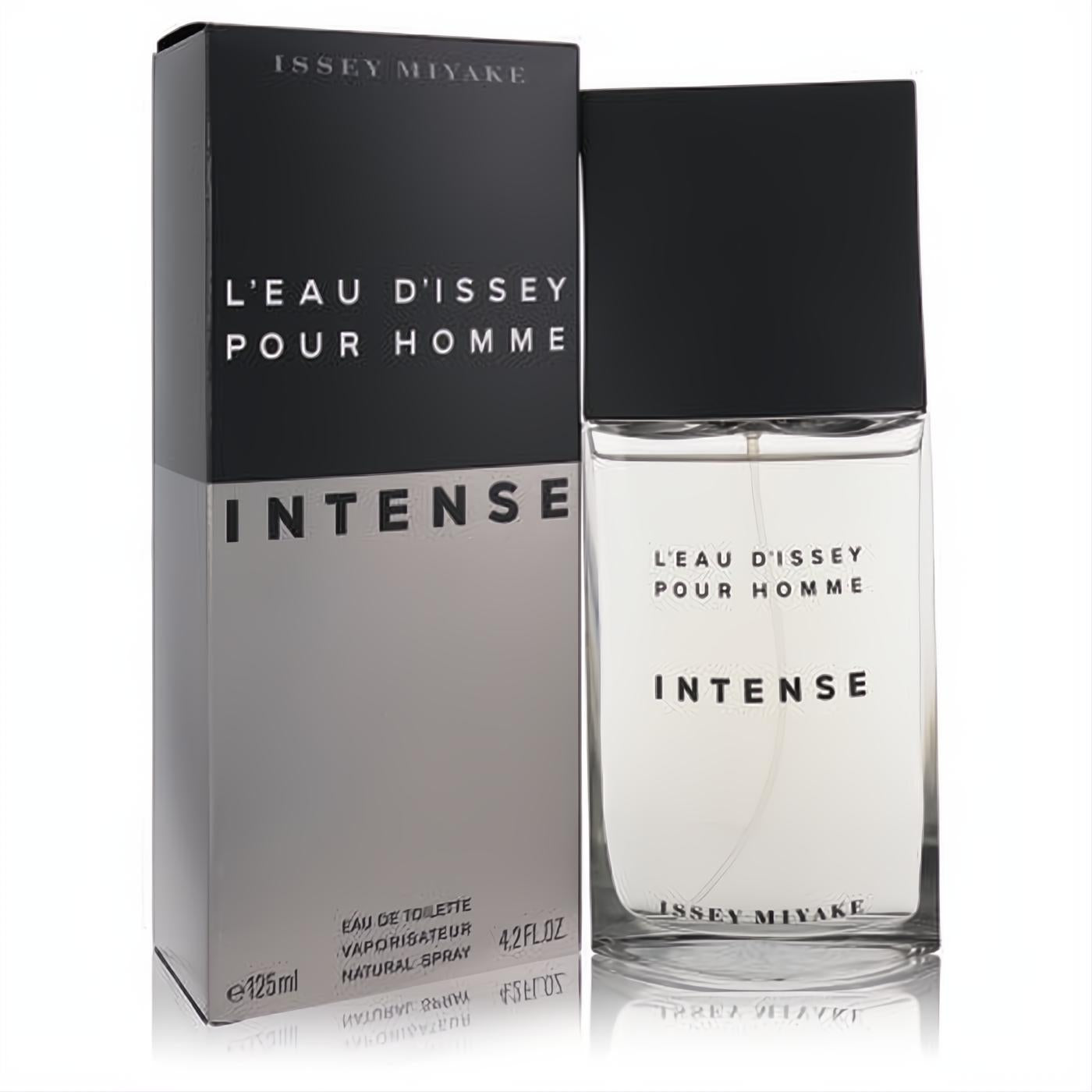 L'eau D'Issey Pour Homme Intense 4.2 oz EDT for men. Sleek clear glass bottle with black cap, presented with its modern black and grey box.