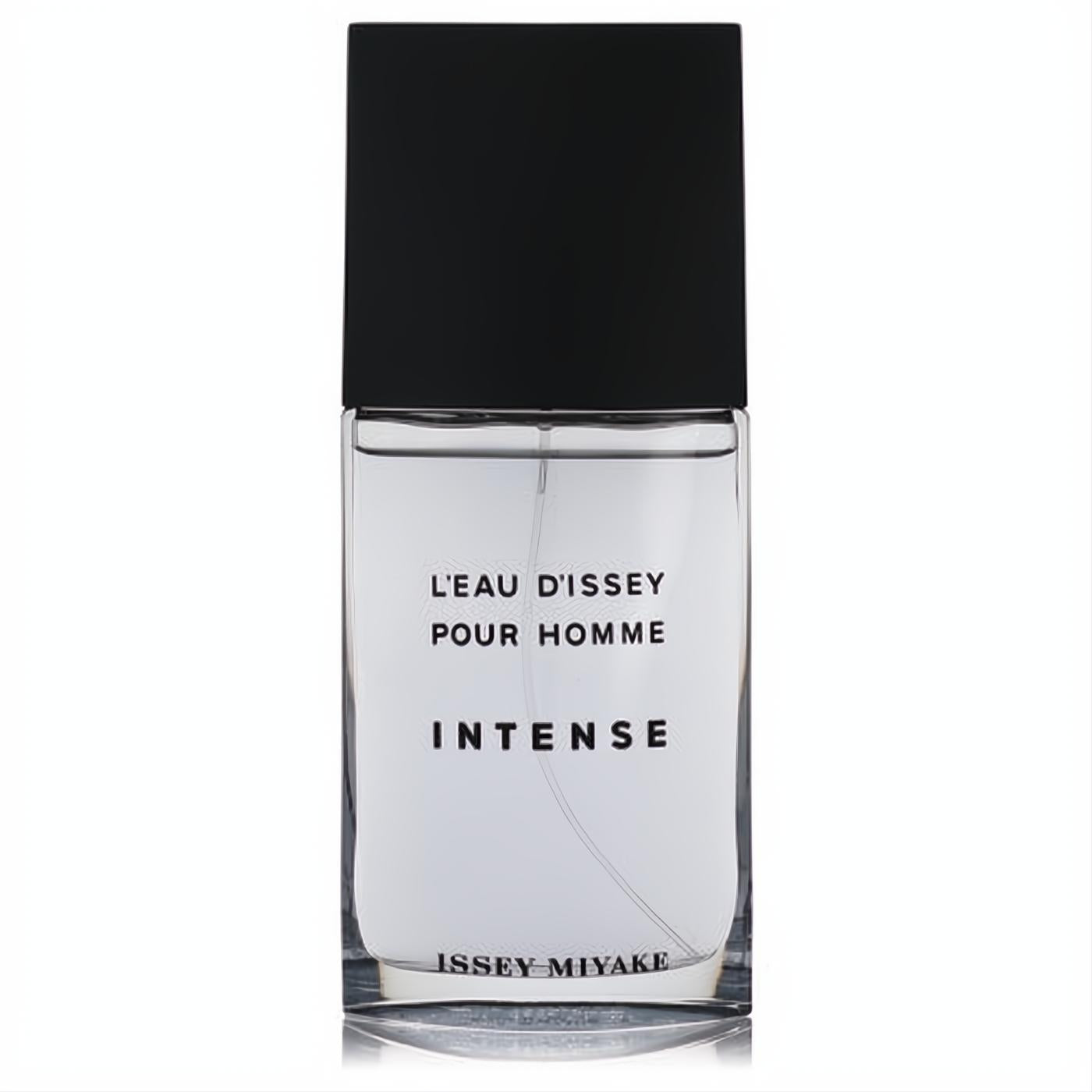 L'eau D'Issey Pour Homme Intense 4.2 oz EDT tester. Sleek clear glass bottle with a bold black cap for men.