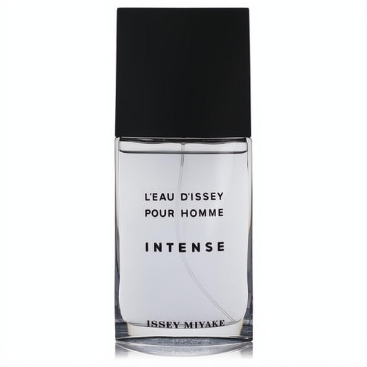L'eau D'Issey Pour Homme Intense 4.2 oz EDT tester. Sleek clear glass bottle with a bold black cap for men.
