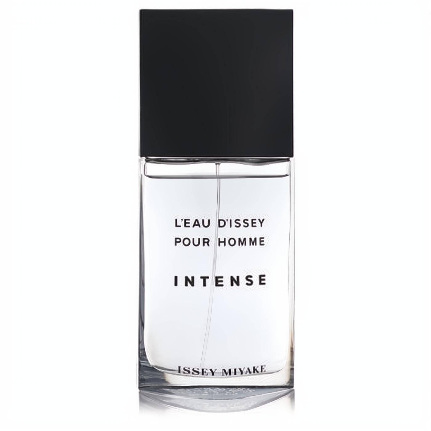 L'eau D'Issey Pour Homme Intense men's cologne. Clear glass bottle, sleek black cap, and prominent Issey Miyake branding.