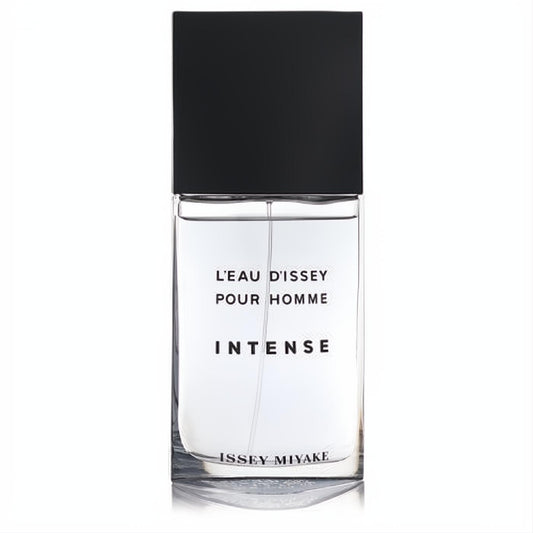 L'eau D'Issey Pour Homme Intense men's cologne. Clear glass bottle, sleek black cap, and prominent Issey Miyake branding.
