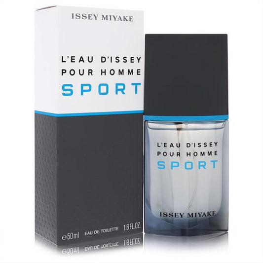 Dynamic L'eau D'Issey Pour Homme Sport 1.7 oz EDT. Clear glass bottle with bold blue text and black cap, beside its modern black and white box.