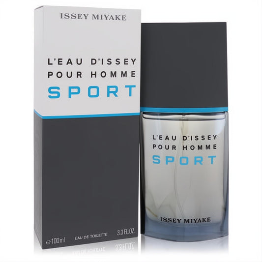 L'eau D'Issey Pour Homme Sport 3.3 oz EDT. Modern clear glass bottle with dark cap, vibrant blue 'SPORT' text, and matching box.