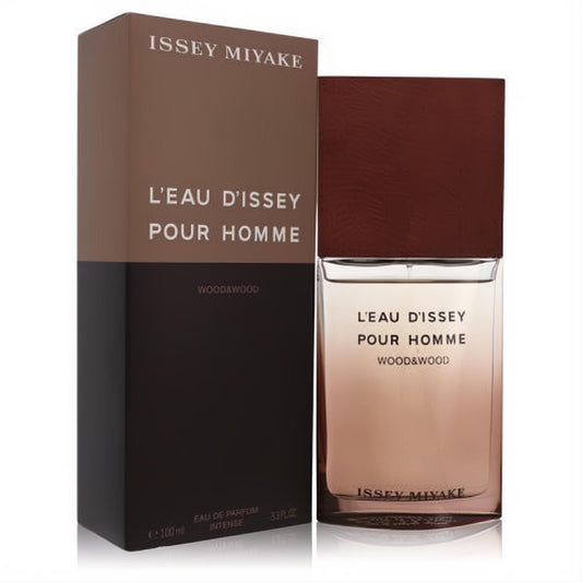 Issey Miyake L'eau D'Issey Pour Homme Wood & Wood 3.3 oz EDP. Modern glass bottle with a rich brown cap and a sophisticated two-tone brown box.