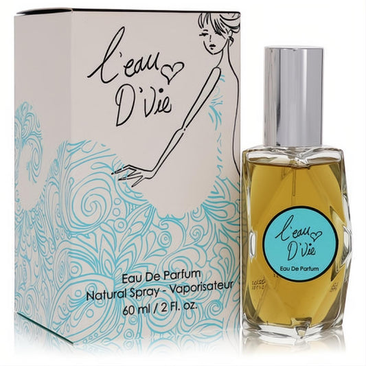 L'eau De Vie 2 oz Eau De Parfum. Elegant faceted glass bottle with amber liquid, silver cap, blue label, and artistic white box.