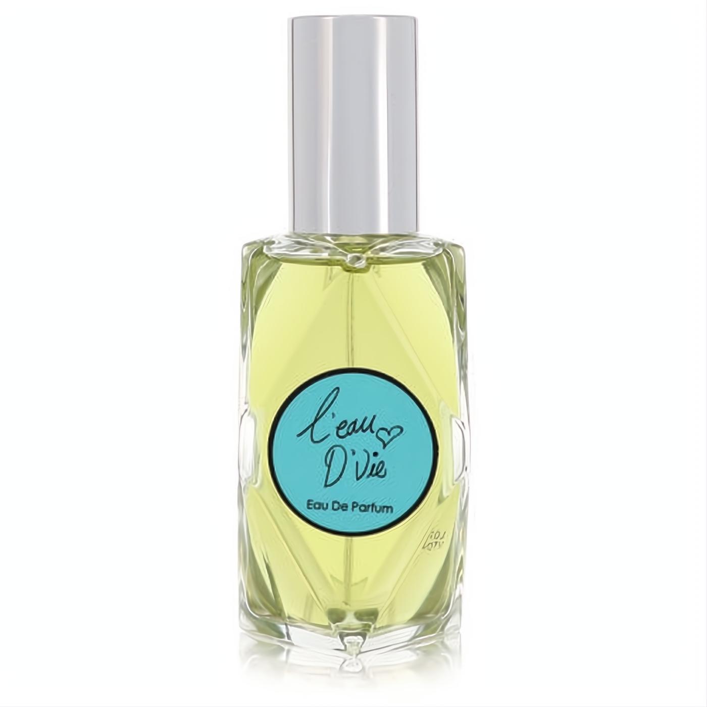 Elegant L'eau De Vie by Rue 37 Eau De Parfum 2 oz. Faceted glass bottle with vibrant pale yellow liquid, silver cap, and turquoise label.