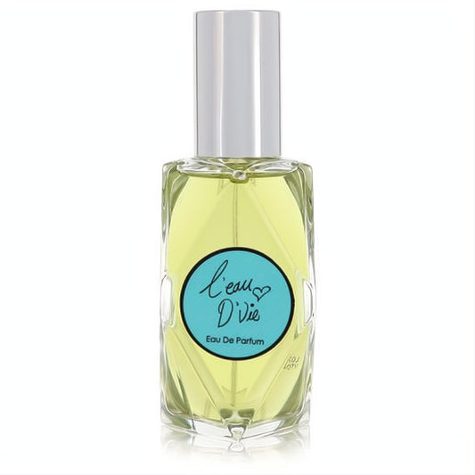 Elegant L'eau De Vie by Rue 37 Eau De Parfum 2 oz. Faceted glass bottle with vibrant pale yellow liquid, silver cap, and turquoise label.