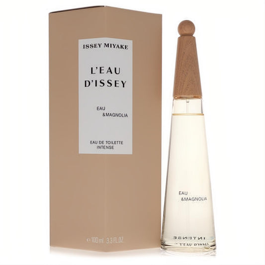 Issey Miyake L'eau D'issey Eau & Magnolia 3.3 oz EDT Intense. Elegant clear conical bottle, natural wood cap, beige box.