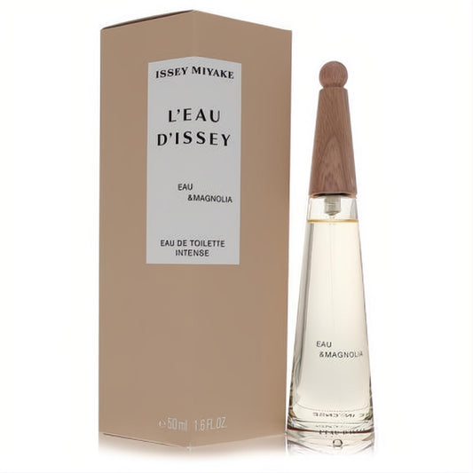 Elegant Issey Miyake L'eau D'issey Eau & Magnolia 1.6 fl oz EDT. Clear glass bottle with a distinctive natural wood cap, beside its chic beige box.
