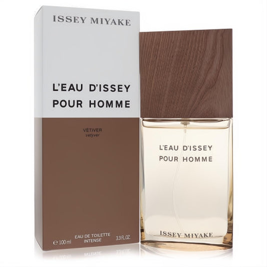 Elegant Issey Miyake L'eau D'issey Pour Homme Vetiver 3.3 oz EDT Intense spray. Clear bottle, rich brown wood-grain cap, and stylish two-tone packaging