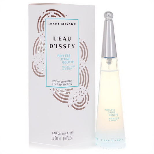 L'Eau D'Issey Reflection In A Drop 1.6oz EDT. Elegant clear teardrop bottle, silver cap, and white box with unique bronze & blue wave art.