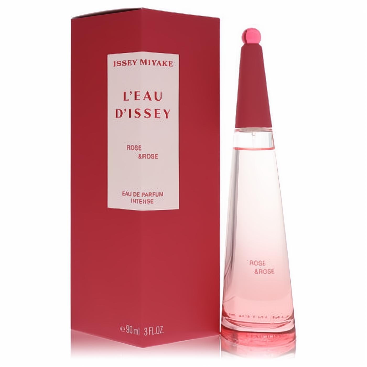 Unveil L'eau D'issey Rose & Rose 3 oz EDP Intense. Rose-pink box and clear glass bottle with elegant tapered cap.