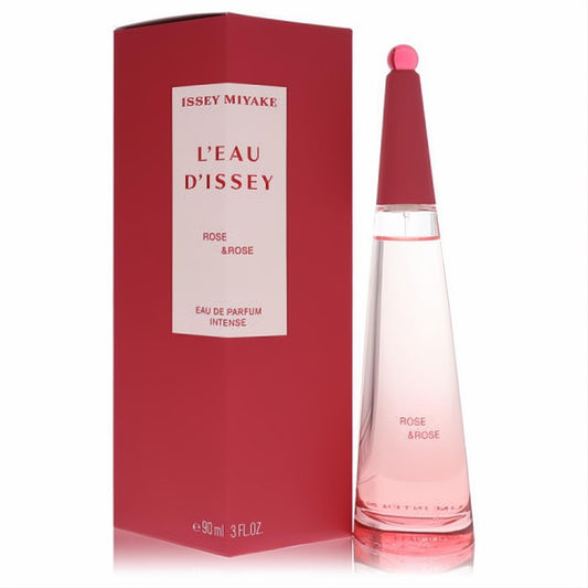 Unveil L'eau D'issey Rose & Rose 3 oz EDP Intense. Rose-pink box and clear glass bottle with elegant tapered cap.
