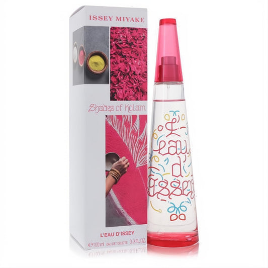 L'eau D'issey Shades of Kolam 3.3 oz EDT. Clear bottle with vibrant art, pink cap, and white box showcasing colorful kolam designs.