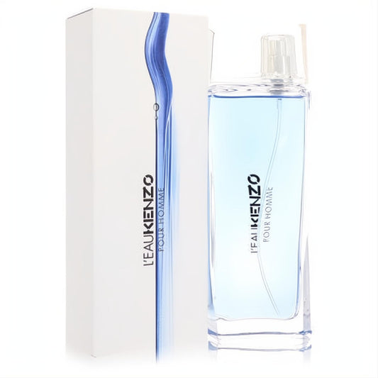 L'eau Kenzo Pour Homme 3.3 oz EDT spray. Clear glass bottle with refreshing blue fragrance and elegant white box.