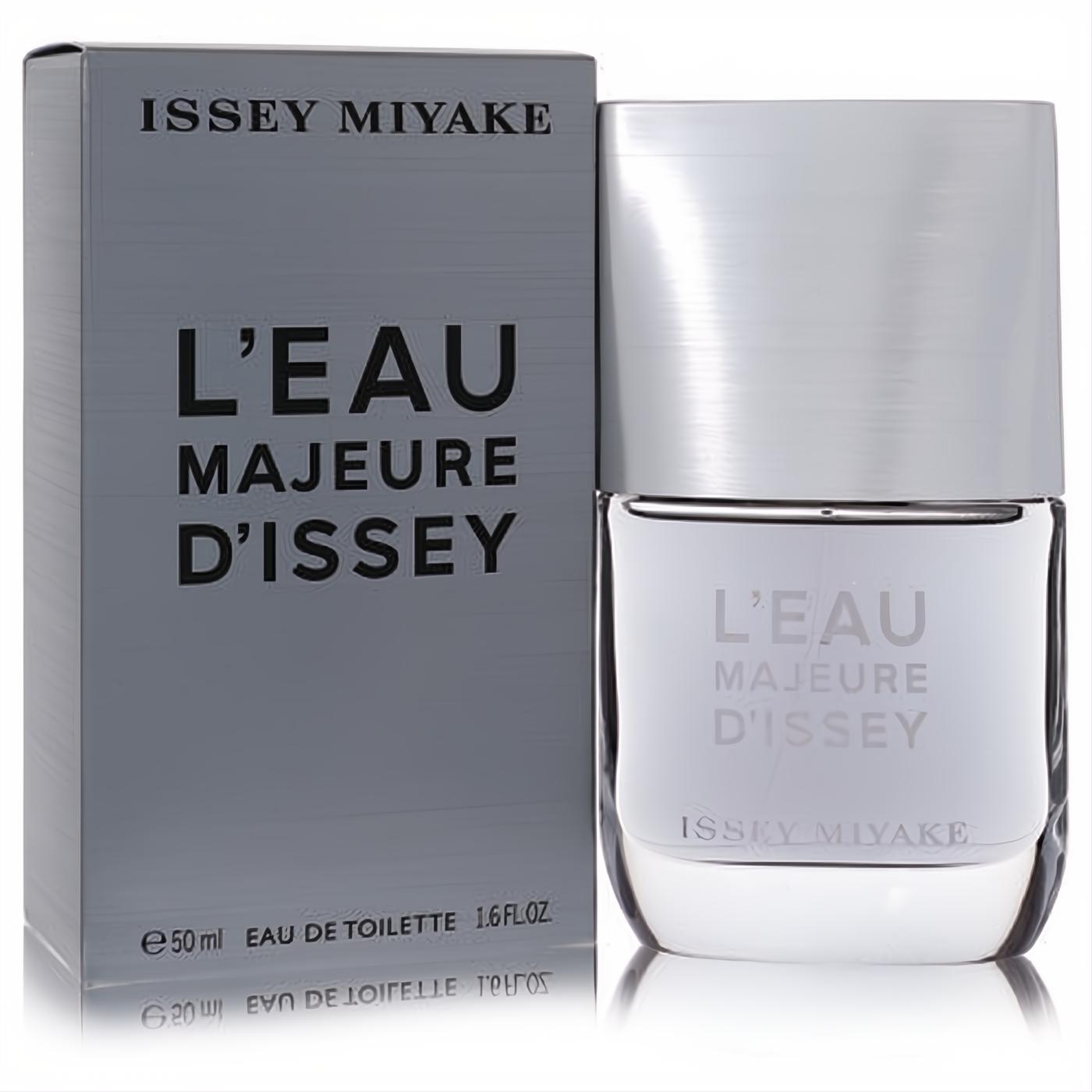 L'eau Majeure D'issey 1.6 oz EDT for men. Clear glass bottle, brushed silver cap, and sleek grey box. Bold, modern fragrance.