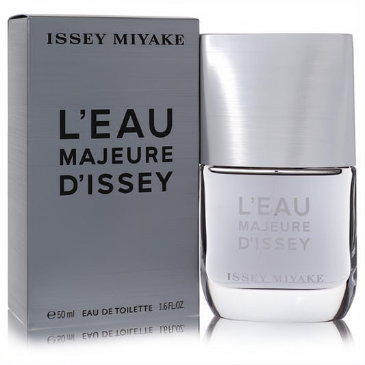 L'eau Majeure D'issey 1.6 oz EDT for men. Clear glass bottle, brushed silver cap, and sleek grey box. Bold, modern fragrance.