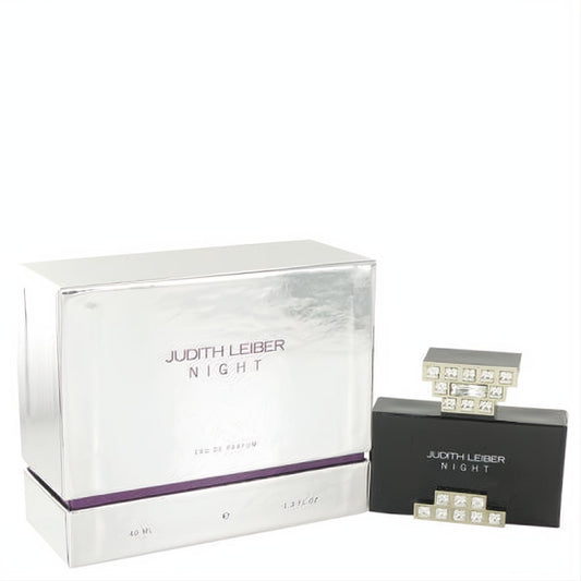 Experience Judith Leiber Night 1.3 oz EDP. Luxurious black bottle with dazzling crystal cap and base, alongside its sleek silver box.