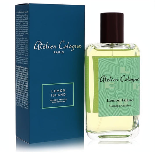 Vibrant Atelier Cologne Lemon Island unisex pure perfume spray in a clear bottle with fresh green label, beside its stylish dark teal box.