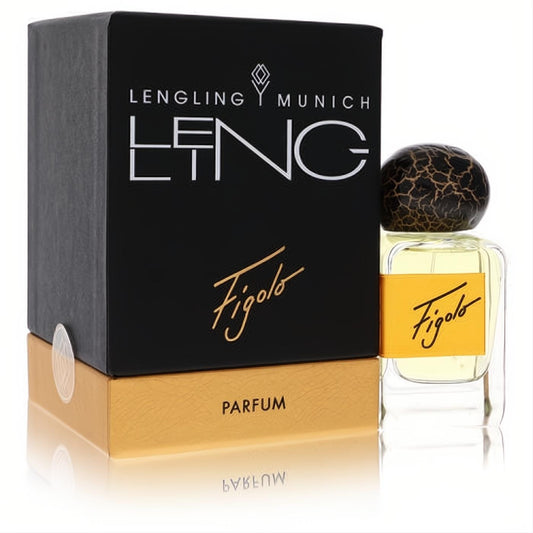Lengling Munich Figolo 1.7 oz unisex parfum. Elegant black box, gold base, clear bottle, and a distinctive dark cap.
