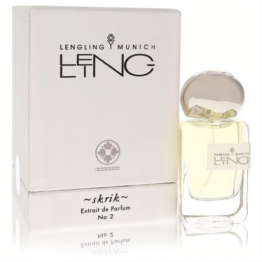 Distinctive Lengling Munich No 2 Skrik Extrait de Parfum. Clear glass bottle with light yellow fragrance, silver cap, and elegant white textured box.