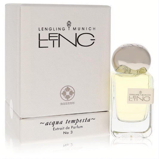 Sophisticated Lengling Munich No 3 Acqua Tempesta Extrait De Parfum. Clear glass bottle, golden liquid, silver cap, and white textured box.