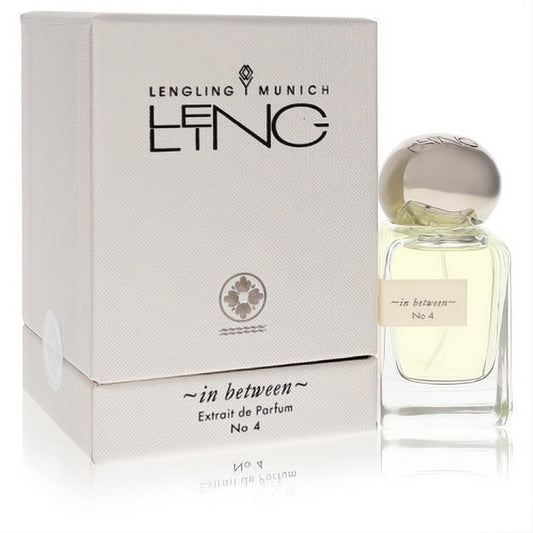 Luxurious Lengling Munich No 4 In Between Extrait De Parfum spray, clear glass bottle with silver cap and elegant cream textured box.