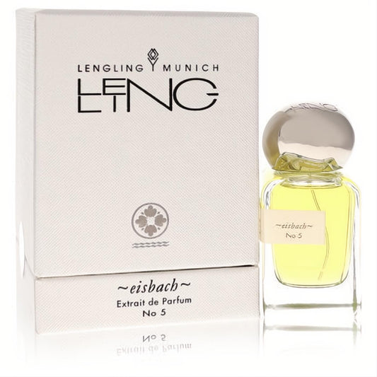 Luxurious Lengling Munich No 5 Eisbach Extrait de Parfum. Clear glass bottle with vibrant yellow liquid, silver cap, and elegant white box.