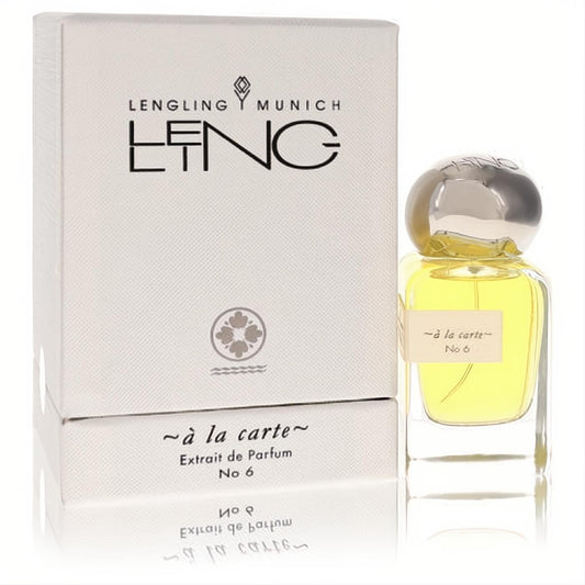 Luxurious Lengling Munich No 6 A La Carte Extrait de Parfum. Clear glass bottle with golden liquid, polished silver cap, and sophisticated white textured box.