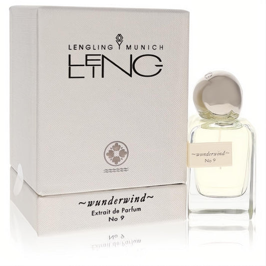 Lengling Munich No 9 Wunderwind Extrait De Parfum: elegant white textured box and clear bottle with silver cap, light amber liquid.