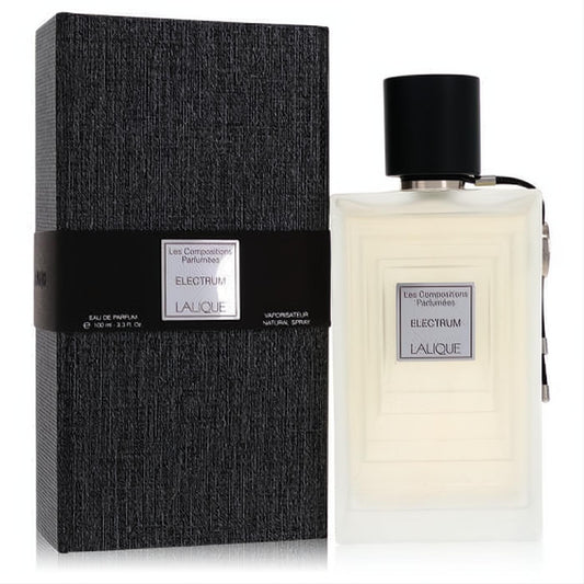 Luxurious Lalique Electrum 3.3 oz Eau De Parfum spray in a frosted rectangular bottle with a sleek black cap, beside its textured black box.