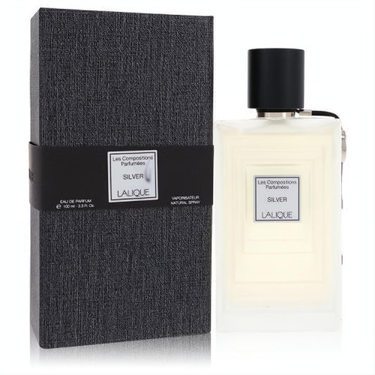 Elegant Lalique Silver 3.3 oz unisex EDP spray in a sleek frosted glass bottle with a luxurious textured black box.
